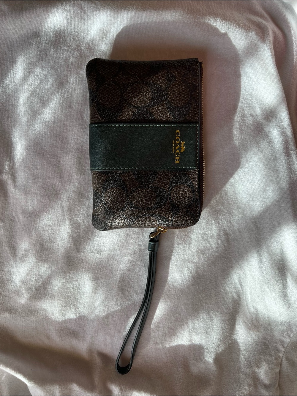 Coach Brown Signature Wristlet with Dark Green Strap and Gold Logo